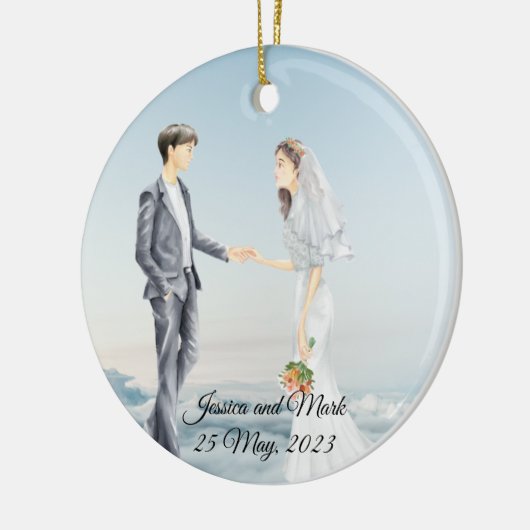 Gepersonaliseerde bride en bruidegom op het Clouds Keramisch Ornament (Links)