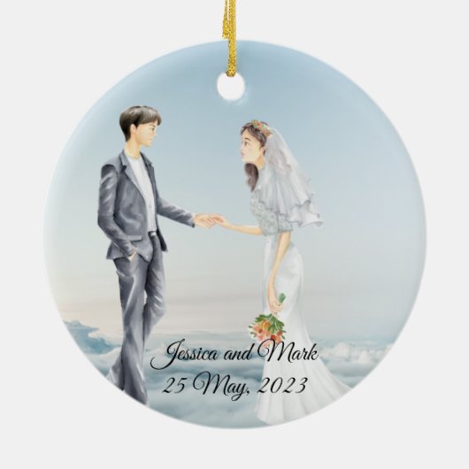 Gepersonaliseerde bride en bruidegom op het Clouds Keramisch Ornament (Achterkant)