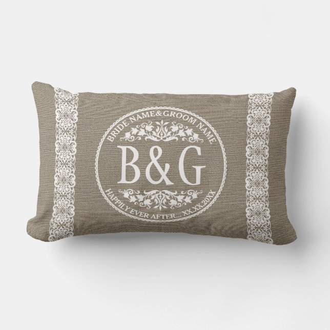 Gepersonaliseerde bride&Groom Burlap&Lace Kussen (Voorkant)