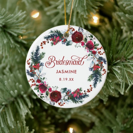 Gepersonaliseerde Bridesmaid Gift Holiday Floral W Keramisch Ornament (Boom)