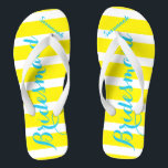 Gepersonaliseerde Bridesmaid Turquoise Yellow Any  Teenslippers<br><div class="desc">Primrose Yellow Elegance en witte strepen met Turquoise Aqua Blue Font - Verander geel en Blauwgroen lettertype in elke kleur door te klikken op aanpassen / bewerken. En zeg alles wat je wilt. Maak deze een soort teenslippers die uw boodschap op zich hebben. Wees het gesprek van het strand!</div>