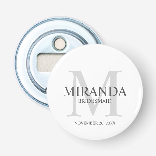 Gepersonaliseerde bridesmaïd's monogram en naam button flesopener (Voorkant)