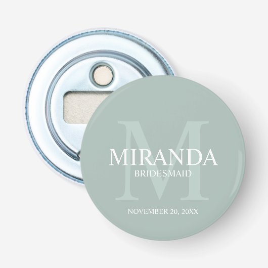 Gepersonaliseerde bridesmaïd's monogram en naam button flesopener (Voorkant)