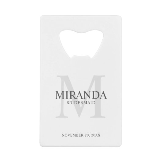 Gepersonaliseerde bridesmaïd's monogram en naam creditkaart flessenopener (Voorkant)