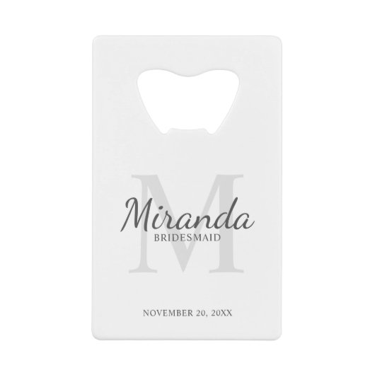 Gepersonaliseerde bridesmaïd's monogram en naam creditkaart flessenopener (Voorkant)