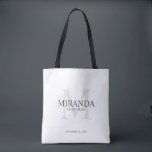 Gepersonaliseerde bridesmaïd's monogram en naam tote bag<br><div class="desc">Voeg een persoonlijk tintje toe aan uw bruiloft met gepersonaliseerd bruidsmeisje's monogram en naamgeschenk. Dit ontwerp is voorzien van gepersonaliseerde bruidsmeisje naam met titel en trouwdatum in grijs en monogram in lichtgrijs als achtergrond, in klassieke serif lettertype stijl, op een witte achtergrond. Ook perfect voor bruidsmeisje, moeder van de bruid...</div>