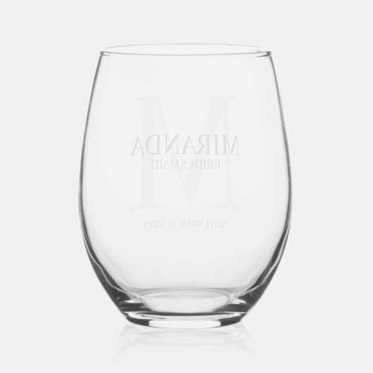 Gepersonaliseerde bridesmaïd's monogram en naam wijnglas zonder voet (Achterkant)