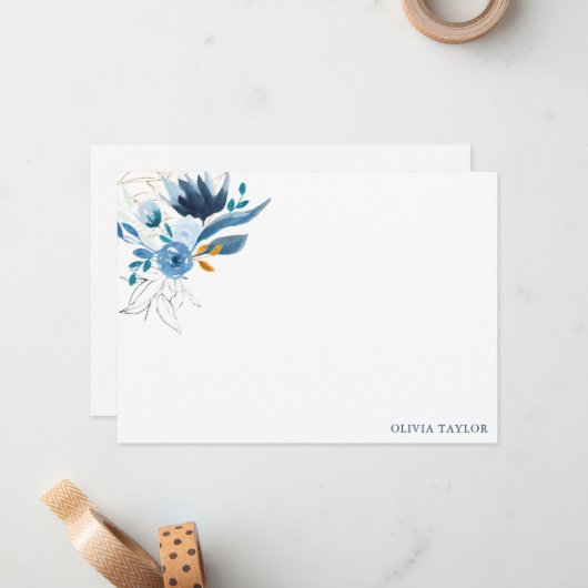 Gepersonaliseerde briefpapier Blauwe Waterverf Blo Notitiekaartje (Voorkant / Achterkant in situ)