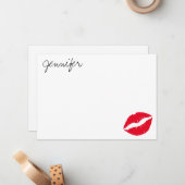 Gepersonaliseerde Bright Red Glam Lipstick Kiss Notitiekaartje (Voorkant / Achterkant in situ)