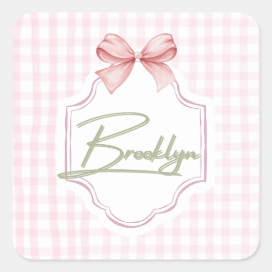 Gepersonaliseerde Brooklyn Baby Girl Nursery BowGi Vierkante Sticker (Voorkant)