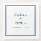 Gepersonaliseerde Bruid & Bruidegom Blauw Wit Glazen Onderzetter (Voorkant)