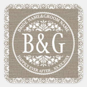 Gepersonaliseerde bruid & bruidegom Burlap & Lace Vierkante Sticker