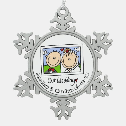 Gepersonaliseerde bruid bruidegom foto sneeuwvlok  tin sneeuwvlok ornament (Voorkant)