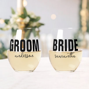 Gepersonaliseerde bruid & bruidegom naam wijnglas zonder voet