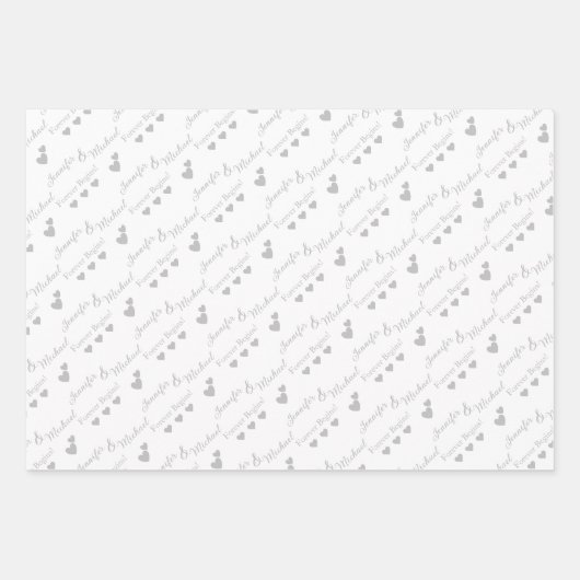 Gepersonaliseerde bruid, bruidegom zilveren harten inpakpapier vel (Voorkant)