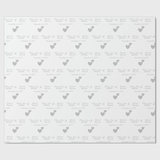 Gepersonaliseerde bruid en bruidegom Silver Hearts Cadeaupapier (Vlak)