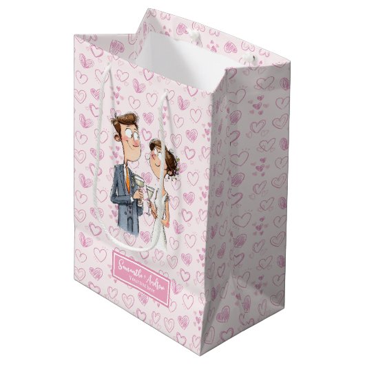 Gepersonaliseerde Bruid Groom Gift Bag Funny Carto Medium Cadeauzakje (Voorkant Gekanteld)