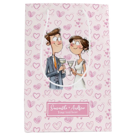 Gepersonaliseerde Bruid Groom Gift Bag Funny Carto Medium Cadeauzakje (Voorkant)