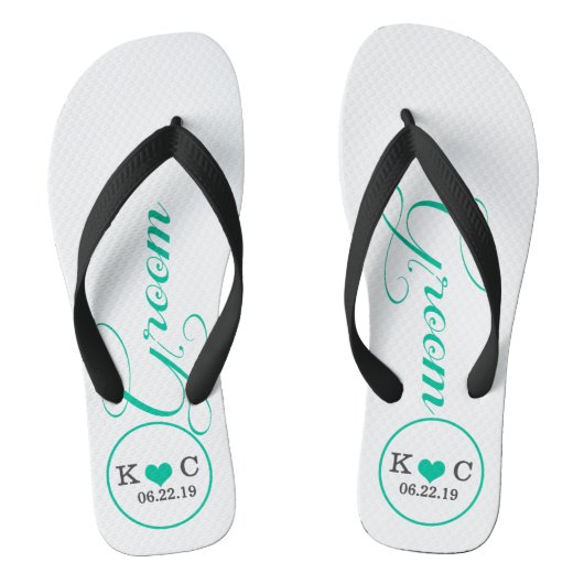 Gepersonaliseerde bruidegom (aqua) teenslippers (Voetbed)