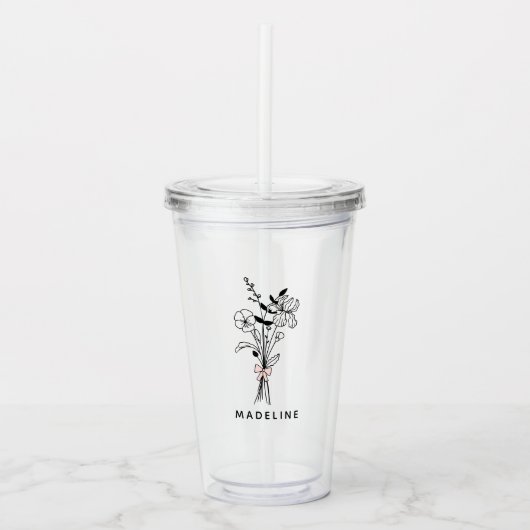 Gepersonaliseerde bruidsmeisje bloem met roze stri acryl drinkbeker (Voorkant)