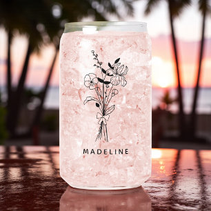 Gepersonaliseerde bruidsmeisje bloem met roze stri blikvorm glas