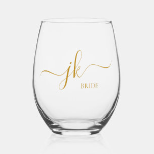 Gepersonaliseerde bruidsnaam Gold Script Monogram Wijnglas Zonder Voet