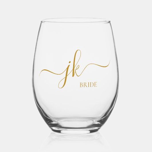 Gepersonaliseerde bruidsnaam Gold Script Monogram Wijnglas Zonder Voet (Voorkant)