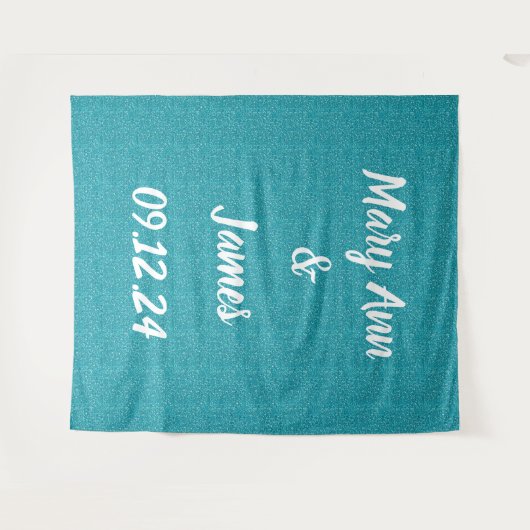 Gepersonaliseerde bruiloft achtergrond Blauwgroen Wandkleed (Voorkant (horizontaal))