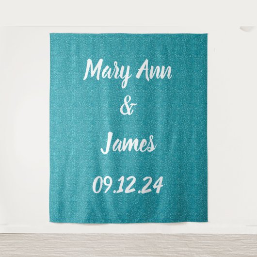 Gepersonaliseerde bruiloft achtergrond Blauwgroen Wandkleed (Voorkant)