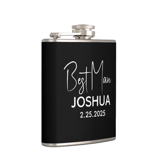 Gepersonaliseerde bruiloft Beste Man Modern Zwart Heupfles (Rechts)