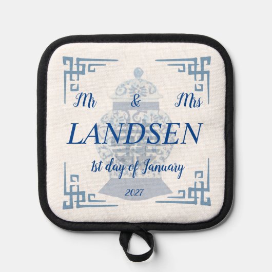 Gepersonaliseerde bruiloft blauw en wit gember pot pannenlap (Voorkant)