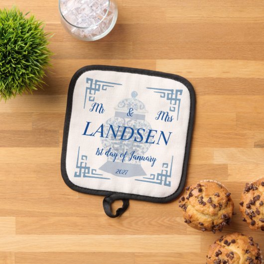 Gepersonaliseerde bruiloft blauw en wit gember pot pannenlap (Top down)