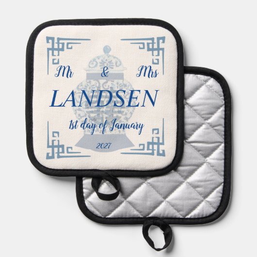 Gepersonaliseerde bruiloft blauw en wit gember pot pannenlap (Voorkant / Achterkant)