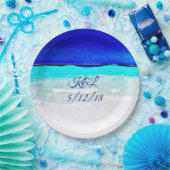 Gepersonaliseerde bruiloft Blue Ocean Sandy Beach  Papieren Bordje (Feest)