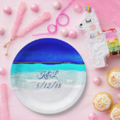 Gepersonaliseerde bruiloft Blue Ocean Sandy Beach  Papieren Bordje (Feest)