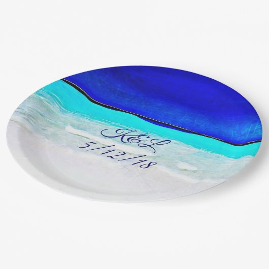 Gepersonaliseerde bruiloft Blue Ocean Sandy Beach  Papieren Bordje (Gekanteld)