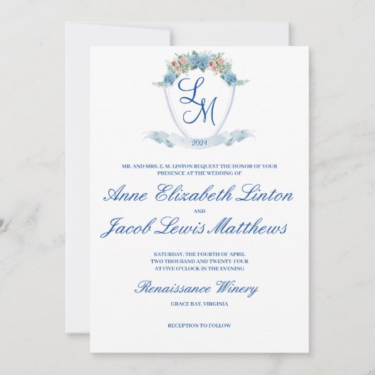 Gepersonaliseerde bruiloft Crest met Hydrangea Kaart (Voorkant)