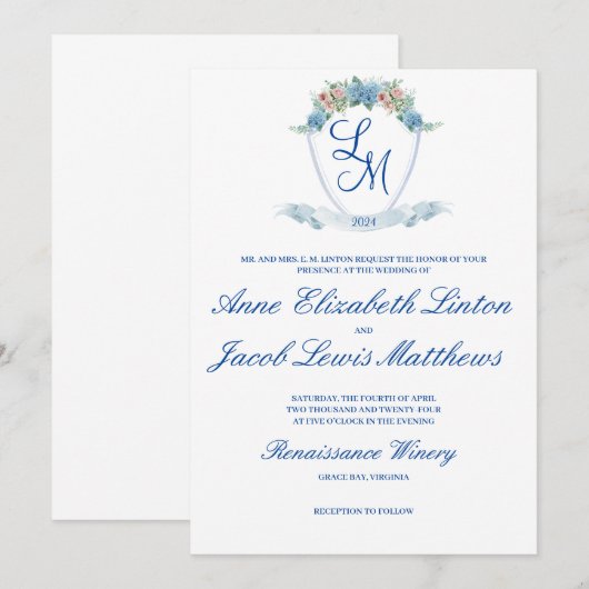 Gepersonaliseerde bruiloft Crest met Hydrangea Kaart (Voorkant / Achterkant)