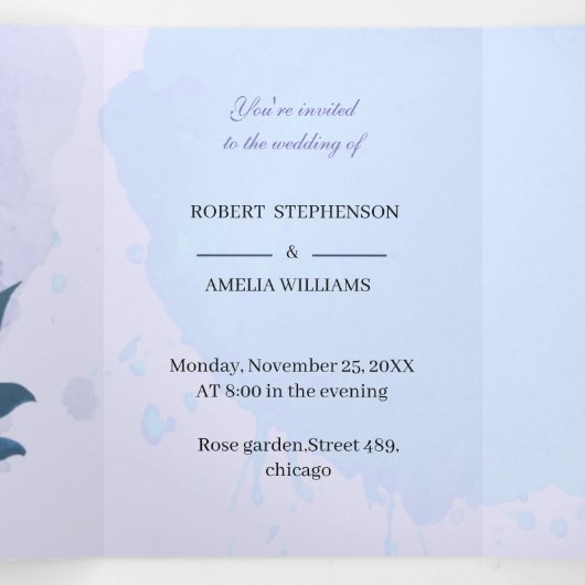 Gepersonaliseerde bruiloft Elegan Blauw Esthetisch Drieluik Uitnodiging (Binnenkant midden)