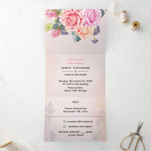 Gepersonaliseerde bruiloft Elegante Roos Flower Drieluik Uitnodiging