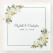 Gepersonaliseerde bruiloft | Elegante witte rozenb Glazen Onderzetter (Voorkant)