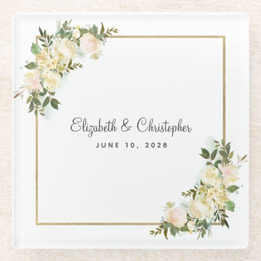 Gepersonaliseerde bruiloft | Elegante witte rozenb Glazen Onderzetter (Voorkant)