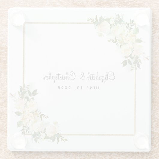 Gepersonaliseerde bruiloft | Elegante witte rozenb Glazen Onderzetter (Achterkant)
