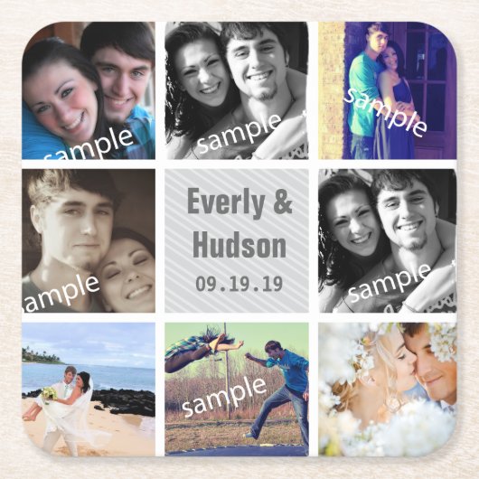 Gepersonaliseerde bruiloft foto moderne collage kartonnen onderzetters (Voorkant)