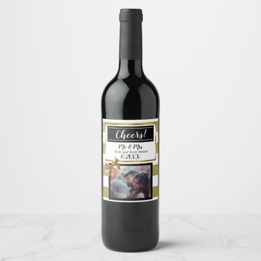 Gepersonaliseerde bruiloft goud en zwarte boog wijn etiket (Voorkant)