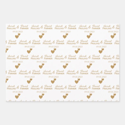 Gepersonaliseerde bruiloft gouden harten inpakpapier vel (Voorkant 2)