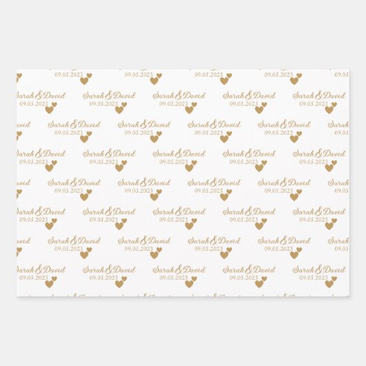 Gepersonaliseerde bruiloft gouden harten inpakpapier vel (Voorkant 2)