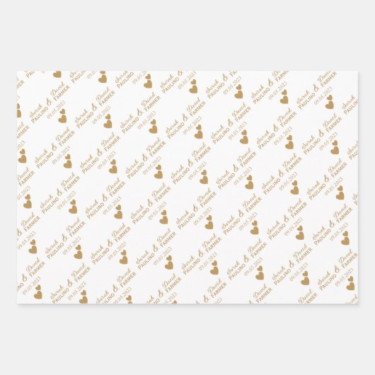 Gepersonaliseerde bruiloft gouden harten inpakpapier vel (Voorkant)