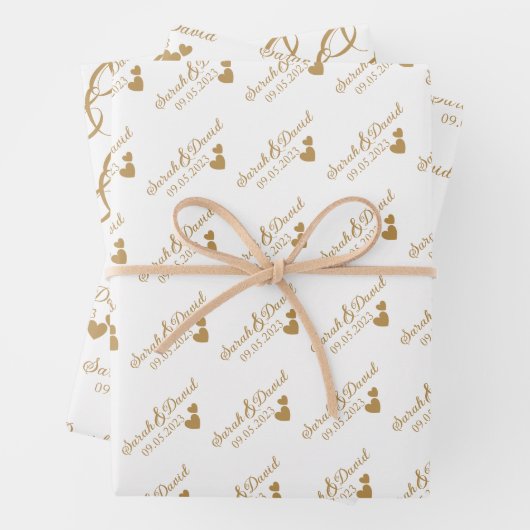 Gepersonaliseerde bruiloft gouden harten inpakpapier vel (In situ)