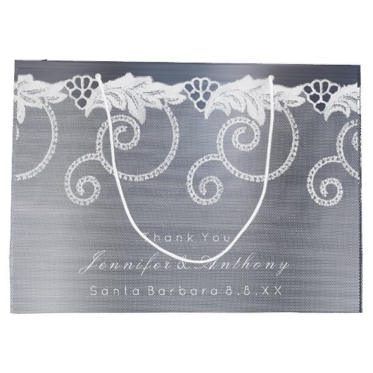 Gepersonaliseerde bruiloft grijs grafiet wit kant groot cadeauzakje (Achterkant)